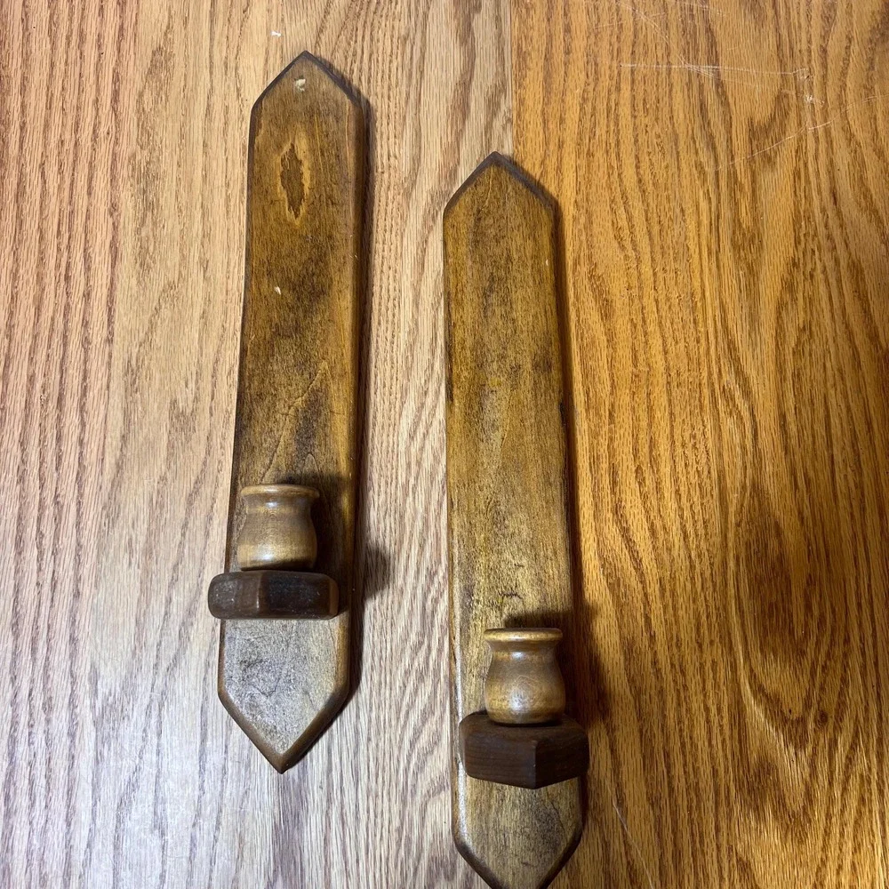 Vintage Wood Wall Candle Sconces Pair Primitive Country Farmhouse Candle Holders